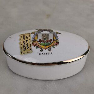 White Porcelain Trinket Box Hand Painted "Gastiez" Lions and Crown Made in Spain
